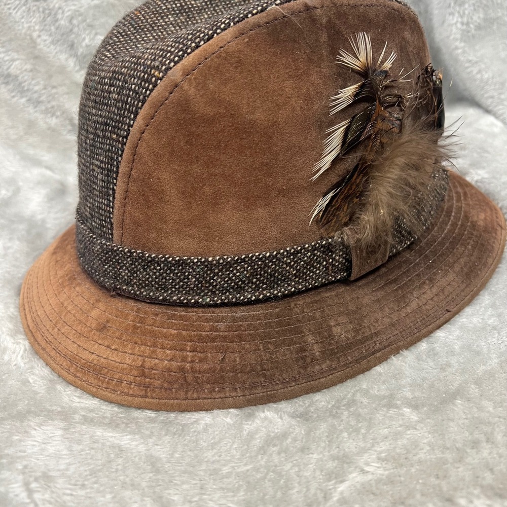 Duke Collection Mens M Brown Suede Tweed‎ Fedora Hat Feather Accent Hunting